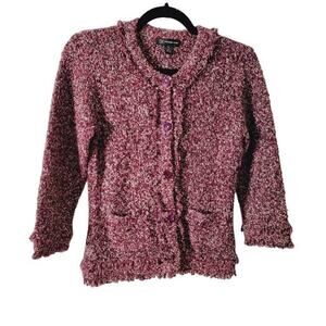 INC Sweater Women's Sz Medium Cardigan Burgundy Fringe Button Front Qtr Sleeve